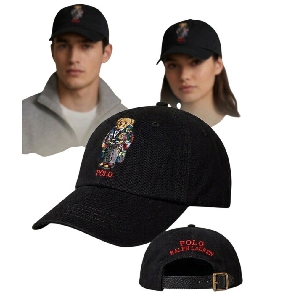 Polo Ralph Lauren Black Cotton Polo Bear Patchwork Coat Baseball Cap One Size NW